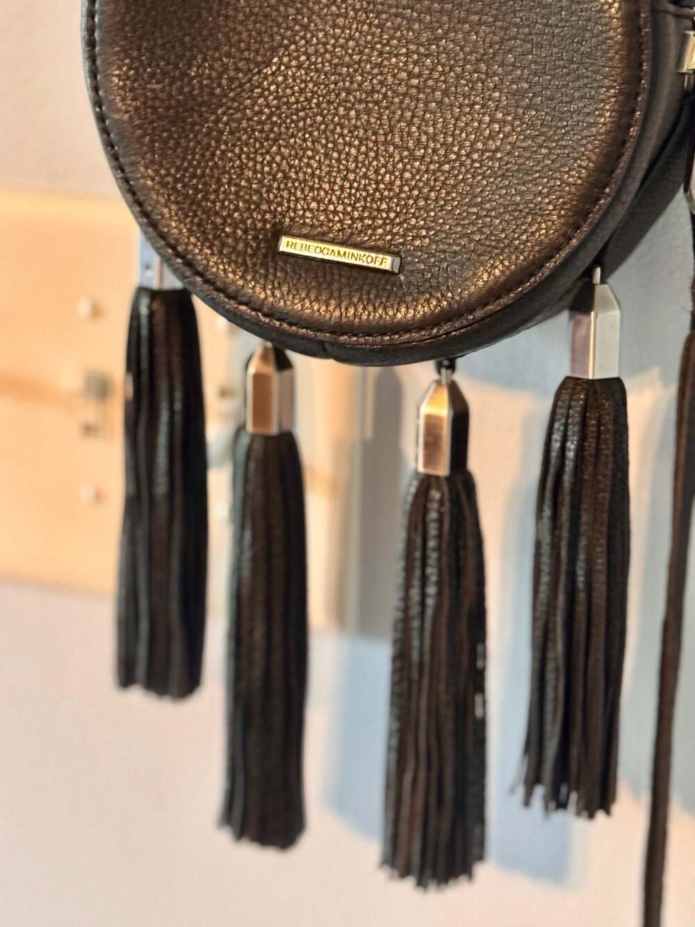 Boho Festival Tassel Circle Crossbody Bag | Black Leather Fringe Purse - Picture 7 of 10